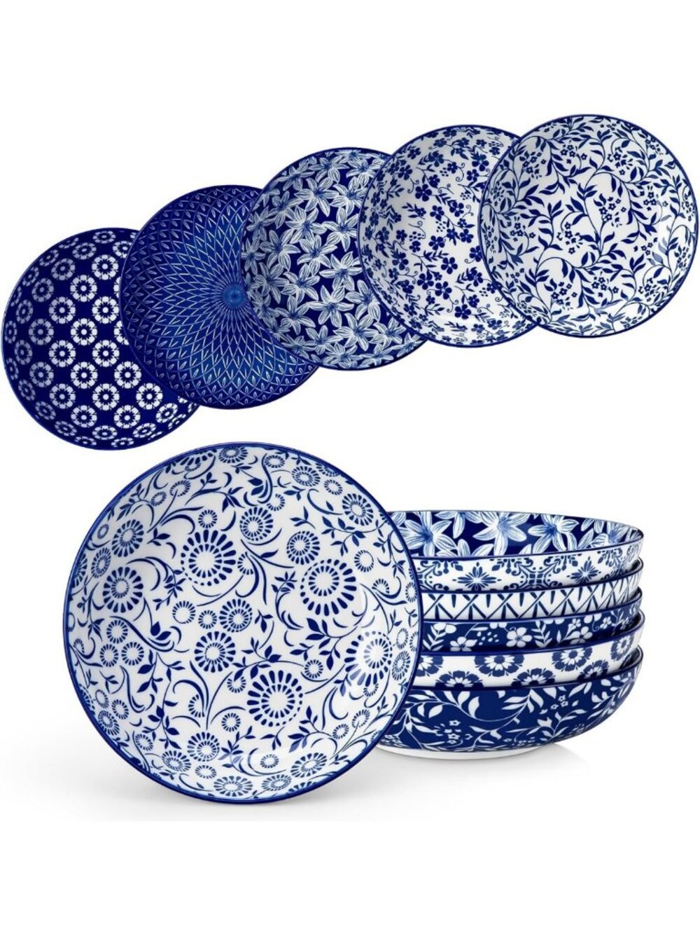 Set of 6 Large 8.5" Porcelain Pasta & Salad Bowls, Floral Design, Microwave Safe